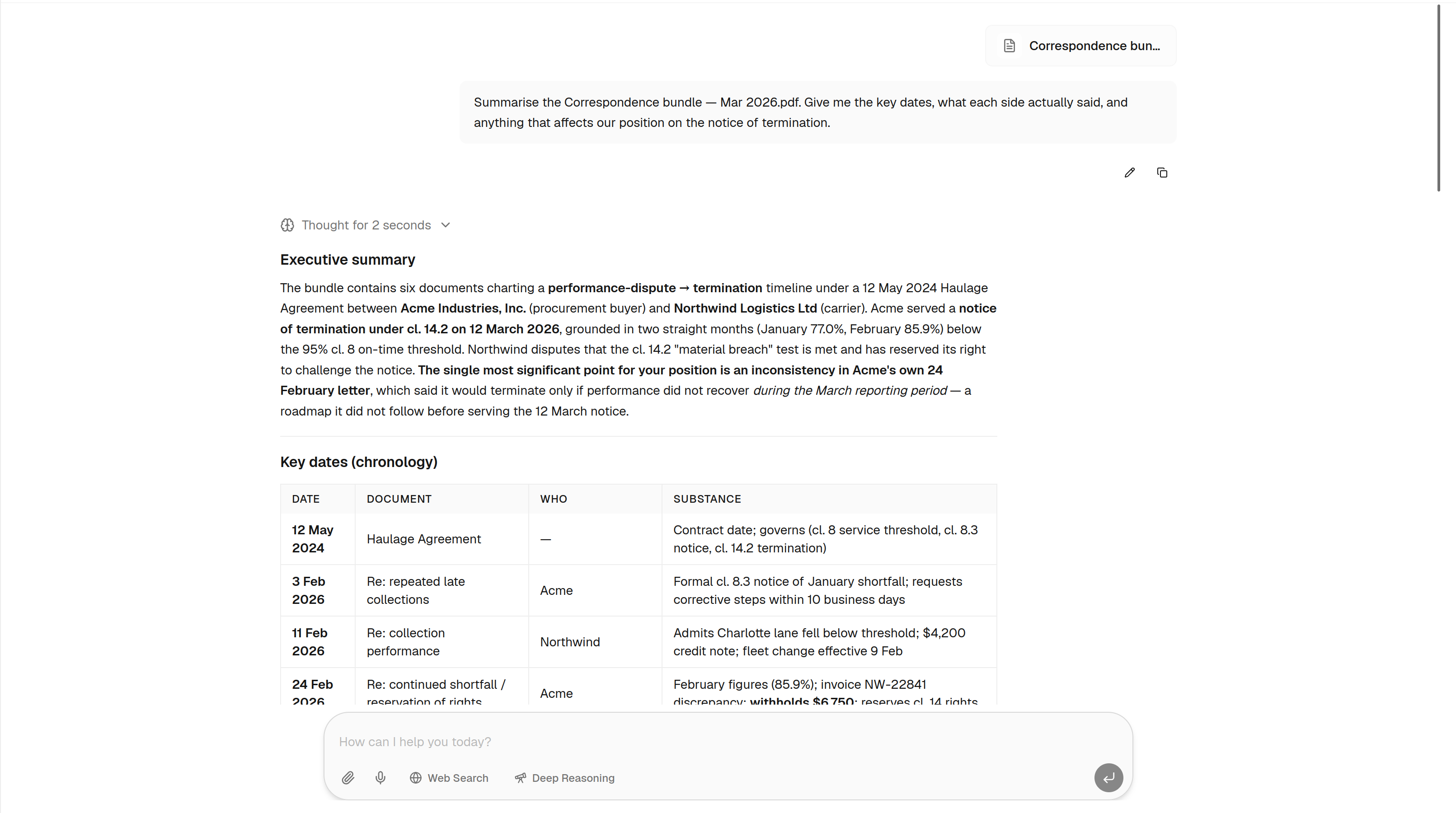 A hand-off completed overnight: the assistant returns a summarised record or an indexed bundle