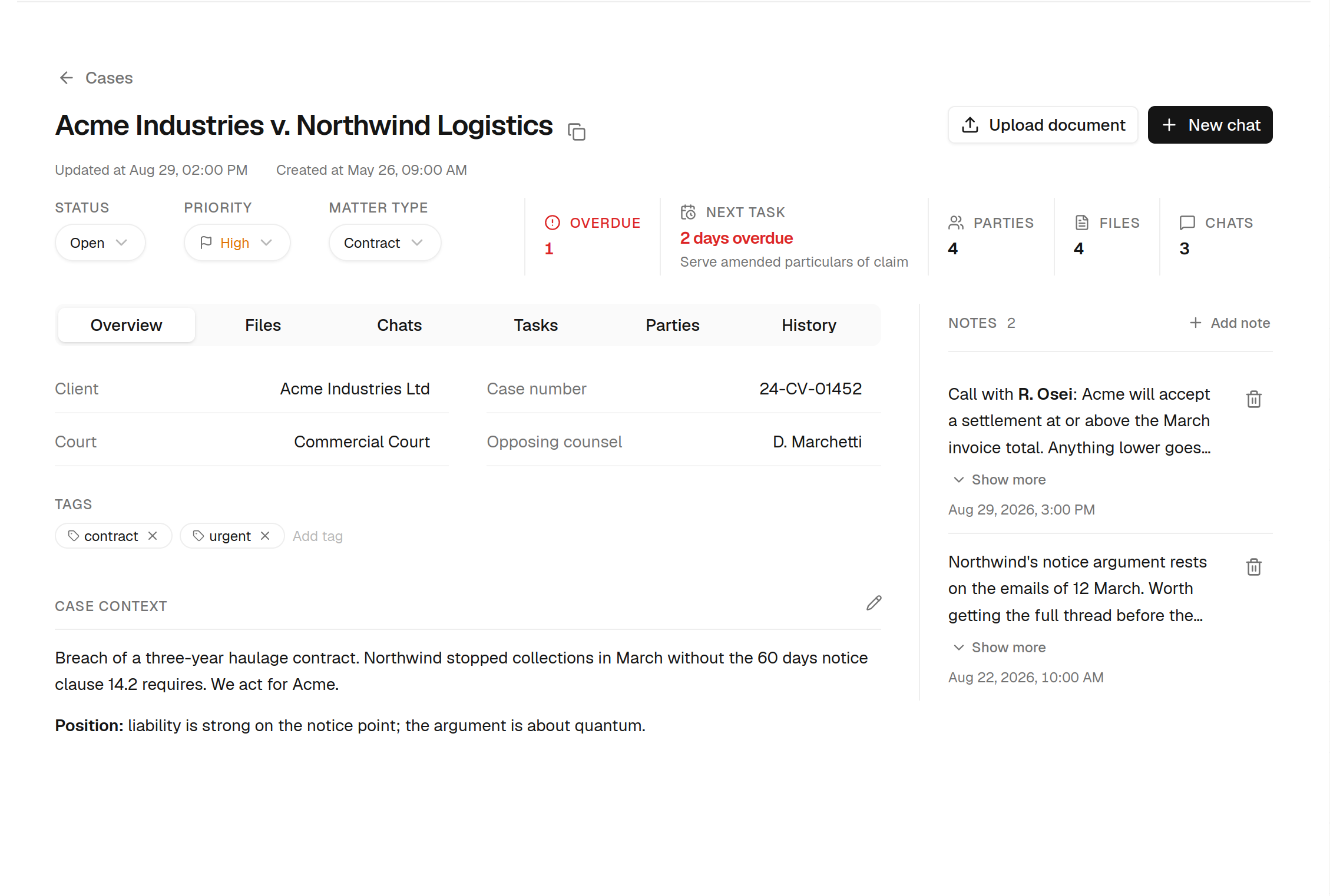 The matter workspace: the Overview tab with status and priority controls, the field list and the notes rail