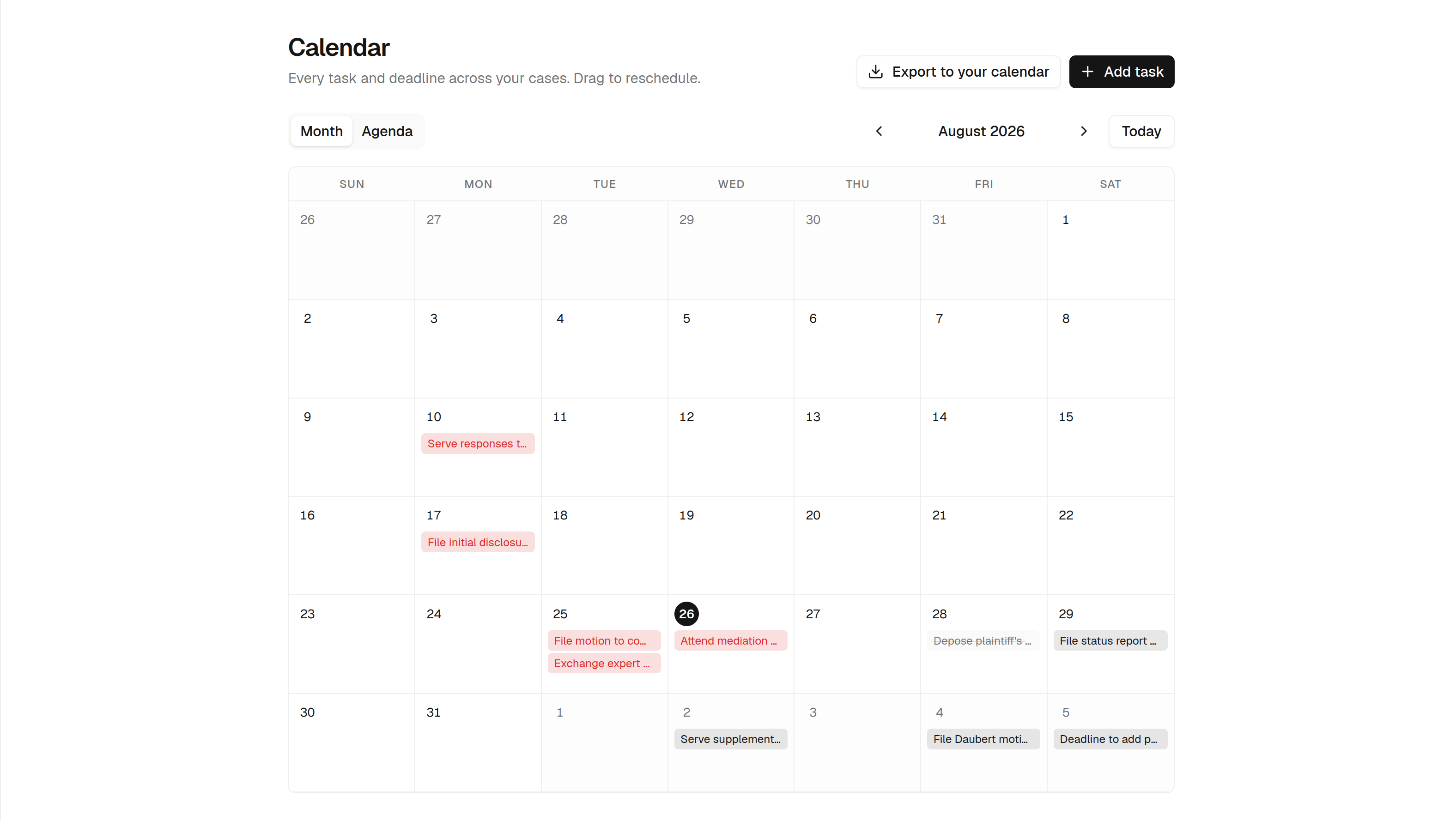The cross-matter calendar: every task and deadline across every case, in one month grid